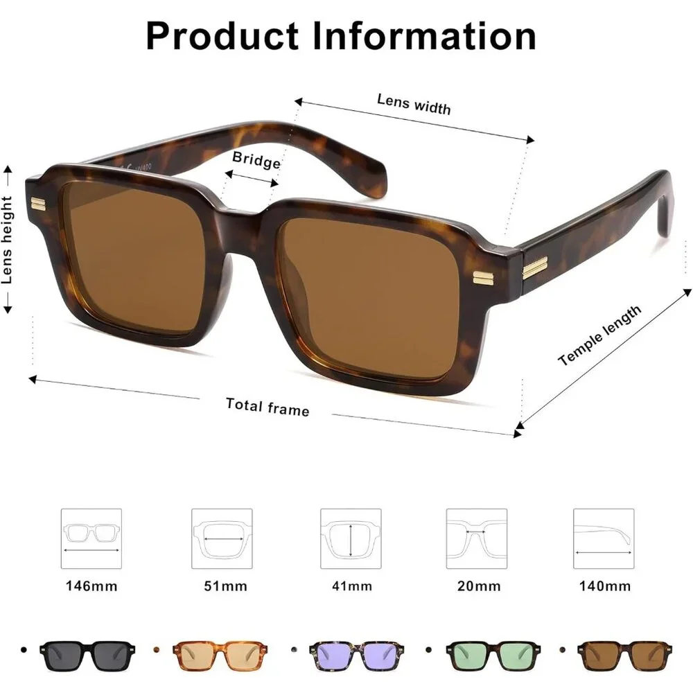 💫 Women Brown Classic Square Sunglasses Retro Vintage Rectangle Shades Eyewear